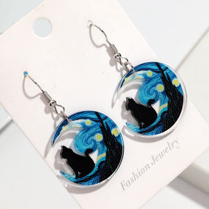Venta caliente diseñador de arte creativo Van Gogh Luna noche gato negro Castillo Horror Halloween fiesta joyería acrílico gota pendientes - Product Image 5