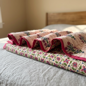 Peach Print <b>Hand</b> Block Print Organic 100% Cotton Handmade Eco-Friendly Luxury Oversized Quilted Blanket for Couch and Bed - Product Image 3