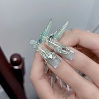 Uñas Postizas de Lujo Hechas a Mano, Francesas, 3D, con Diseño de Ojo de Gato, Tacones de Aguja Largos, Estilo Ataúd, Patrón de Hielo Triturado, ABS
