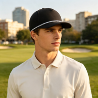 Casquette de baseball personnalisée OEM ODM noire à visière incurvée, panneaux latéraux perforés au laser, corde tressée imprimée blanche, logo personnalisé