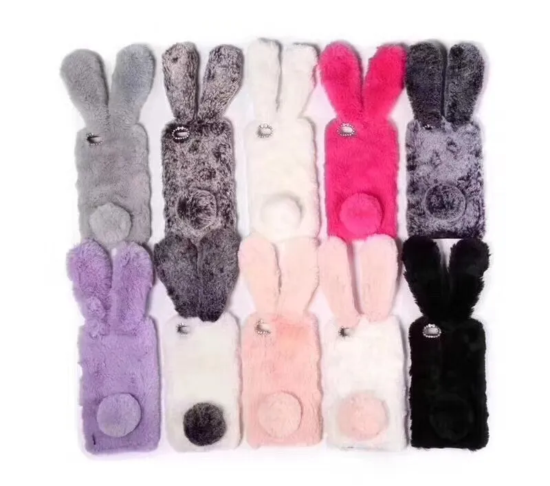 Fluffy Soft Phone Case Cover Bling Diamond Bunny Rabbit Fur Plush Fuzz Design Cases For iPhone 6S 7 8 Plus SE 2020 Case