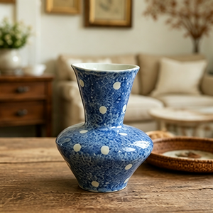 Speckled Cobalt Blue White Polka Dot Assorted Shapes Ceramic Vase Set Vintage <strong>Cottage</strong> Table Decor Vase - Product Image 5