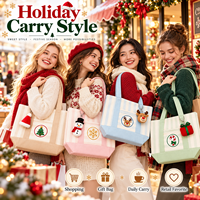 Sac fourre-tout en toile à rayures verticales personnalisées en gros, avec poignée contrastante et poche avant, réutilisable pour les programmes de vente au détail des chaînes de magasins