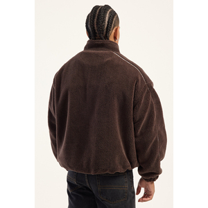 Felpa Oversize da <span class=keywords><strong>Uomo</strong></span> <span class=keywords><strong>con</strong></span> <span class=keywords><strong>Mezza</strong></span> <span class=keywords><strong>Zip</strong></span> e Logo Personalizzato, Pullover in Pile Marrone a Righe, Abbigliamento Casual Streetwear Invernale - Product Image 5