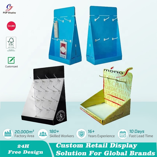 Easy Assembly Table Cardboard Display for Cell Phone USB Cable Wire Product Retail Store Corrugated Paper Counter Hanging Hooks