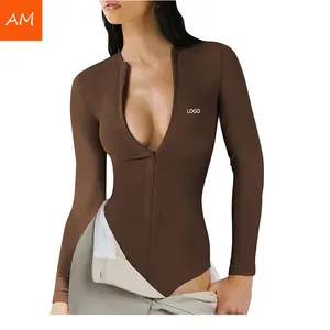 Women Front Zipper Long Sleeve Stretchy Compression Ribbed Yoga Bodysuit