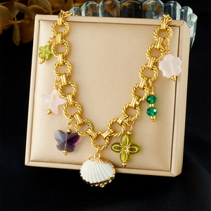 Fashion Gold Plated O Chain Necklace With Scallop Acrylic Butterfly Flower Pendant Party Jewelry - Product Image 1