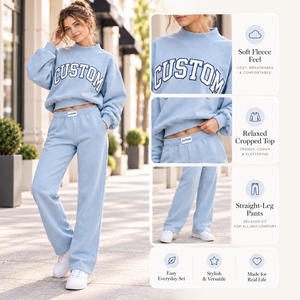 Custom <b>Women</b> Two Piece Sweatshirt Set Mock Neck Sweatshirt Wide Leg Sweatpants Light <b>Blue</b> Casual Loungewear Sports Suit - Product Image 2
