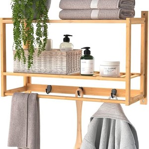 Toallero de pared transfronterizo de bambú y madera, estante de almacenamiento de madera sin taladrar, organizador de baño de madera maciza - Product Image 1