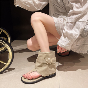 Femmes toile flip-top bottines 2025 été nouveau Style évidé Denim plat bout ouvert bottes au genou - Product Image 4