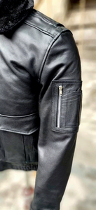 Chaqueta de cuero genuino para hombre, estilo bomber, con cuello de piel negra, chaqueta de piloto aviador, chaqueta de invierno con cremallera, ropa exterior de cuero. - Product Image 5