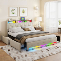 Lit en tissu beige gris avec ports USB-C intégrés, veilleuses activées par la musique et 4 paniers de rangement sous le lit à glissière fluide