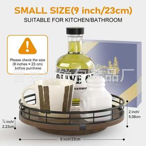 Wooden Round Rotating <b>Desktop</b> <b>Shelf</b> Iron Wood Kitchen Spice Bottle Rack Storage Tray Multifunctional - Product Image 3