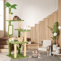 Arbre à chat 4 niveaux en bois écologique et sisal de 55 pouces avec feuilles vertes, hamac intérieur et maisonnette en peluche pour chat, livré en carton