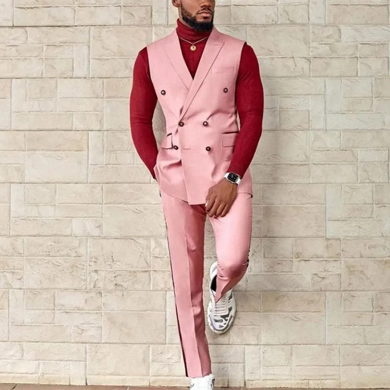 Custom Made Pink Notch Lapel Vest Pant 2 Pcs Double Breasted Wedding Slim Fit Groom Tuxedo Terno Masculino Prom Blazer Men Suits