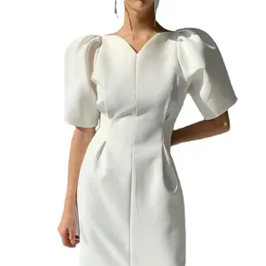 도매 2023 여름 스타일 V-넥 주름 허리 슬림 버블 슬리브 분할 단색 중간 길이 여자의 드레스