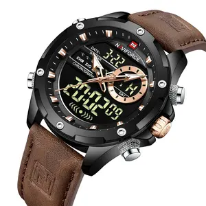 NAVIFRCE นาฬิกาข้อมือดิจิทัลสำหรับผู้ชาย, นาฬิกาควอตซ์สายหนังหรูหราเหมาะสำหรับเป็นของขวัญ9208