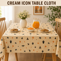 Nappe jetable en plastique PE pour Halloween 137x274cm - Housse de table de fête imperméable avec motifs mignons couleur crème