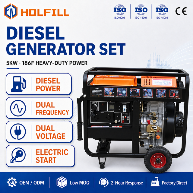 Commercial Grade Portable 5KW Open Type Diesel Generator Set 186F Dual Frequency Electric Start for Home Backup Power Use