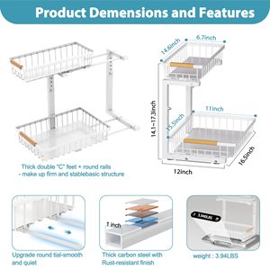 2-Tier <b>Under</b> Sink Organizer Height Adjustable Metal Pull Out Cabinet Organizer with Handle for Kitchen Bathroom - Product Image 3