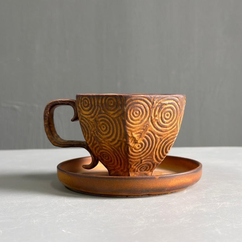 Tasse et soucoupe à motif tourbillon hexagonal - marron - 200 ml