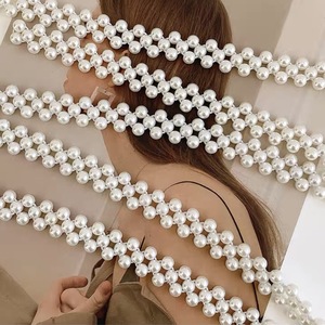 New White Pearl Bead Chain Elastic Rhinestone Belt Butterfly Buckle For Women Dress - Product Image 2