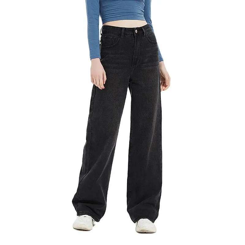 WJ190 ODM OEM high waist solide color women jeans long drag denim pants high quality black straight wide leg jeans