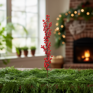 Stelo di bacche rosse artificiali con piccole foglie a sei punte, 12 pezzi per confezione, per decorazione - Product Image 2