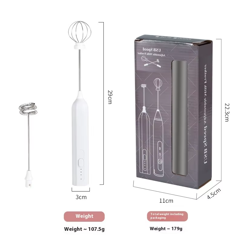 White Mini Hand Mixer with Frother & Balloon Whisk Heads - Rechargeable