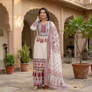 Luxury <b>White</b> Cotton <b>Sharara</b> Suit Set Heavy Mirror Work Embroidery Long Kurti Wide Leg Palazzo Indian Pakistani Festive Wear - Product Image 1