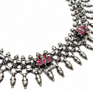 Traditional <b>Oxidized</b> Silver Lotus Statement Necklace for Women - Product Image 3