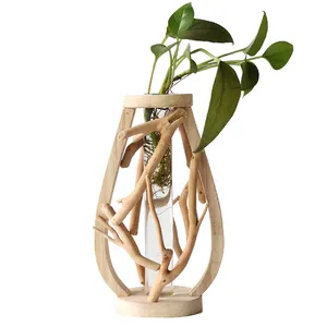 Pot de fleurs en bois massif pour décoration de la maison, conteneur hydroponique créatif de fleurs en verre, Vase en bois fait à la main pour plantes