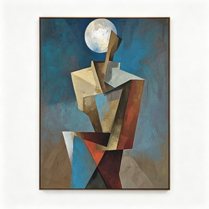 Pintura al Óleo Pintada a Mano de Inspiración Vintage, Cubismo, Figura Humana Geométrica, Paisaje Lunar, Arte de Pared en Lienzo - Product Image 1
