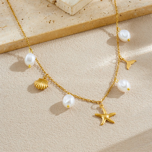Starfish Shell Pearl Pendant Necklace Gold Plated Stainless Steel Gift Jewelry - Product Image 2