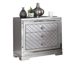 DB Furniture Nightstand <b>Bedside</b> <b>Table</b> Hidden Jewelry Drawer Chrome Square Knob USB Charger <b>Silver</b> Finish for Apartment Bedroom - Product Image 5