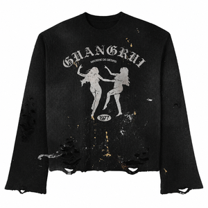 T-shirt da <span class=keywords><strong>uomo</strong></span> oversize vintage con stampa <span class=keywords><strong>gotica</strong></span>, maniche lunghe, effetto distressed con fori e schizzi dorati, in cotone lavorato a maglia, stile streetwear - Product Image 1