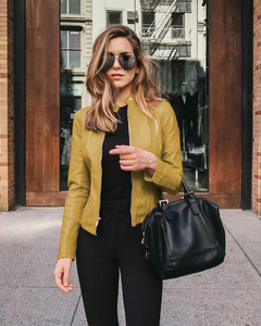 Manteau <span class=keywords><strong>en</strong></span> similicuir uni à col montant - <span class=keywords><strong>Veste</strong></span> <span class=keywords><strong>en</strong></span> PU zippée ajustée pour <span class=keywords><strong>femme</strong></span> pour l'automne et l'hiver - Product Image 3