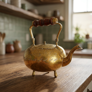 Vintage Brass Tea <b>Kettle</b> With Wooden Handle And Lid Water Pot Metal Design - Product Image 3