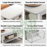 Table basse tout blanche avec structure en acier, style classique européen pour salon, table centrale à 2 niveaux pour magazines et décorations