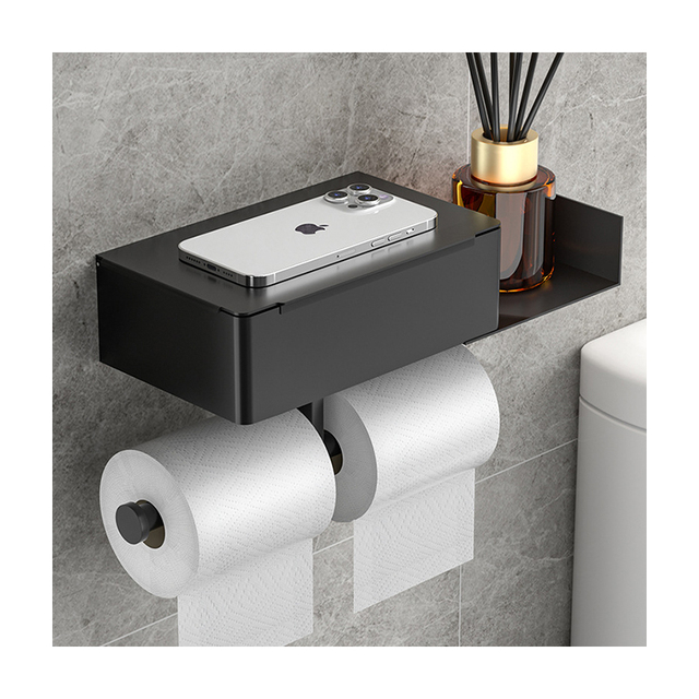 Matte Black Stainless Steel Wall Mounted Double Toilet Paper Holder With Storage Phone Shelf