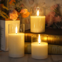 Bougie LED sans flamme 3D à piles 2AA, pot en verre transparent, gris ambre, lot de 3 bougies, vraie cire de paraffine, bougies LED