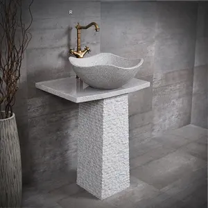 Lavabo de granito redondo cuadrado beige para baño con lavabo de pedestal de piedra natural de pie