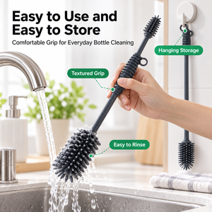 Brosse à biberon en silicone 2 en 1, double extrémité, nettoyeur de tétine, brosse de nettoyage de bouteille d'eau à long manche, noyau en acier inoxydable - Product Image 5
