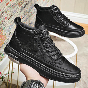 รองเท้าผ้าใบหุ้มข้อสไตล์อังกฤษสำหรับผู้ชายรองเท้าหนังนิ่มกันน้ำสีดำมีซับในตาข่ายพื้นรองเท้าแบบลำลองดีไซน์ทันสมัย - Product Image 3