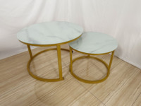 Ensemble de Table Ronde en Fer Plaqué Or avec Plateau en Marbre Noir et Verre