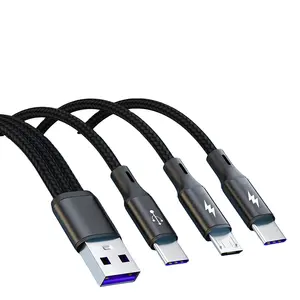 定制3A 5A 1.2米数据传输电缆快速充电电缆尼龙编织3合1微型usb C型8pin微型3in1 usb C电缆