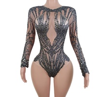 Sexy manches longues pierres cristaux glisser spectacle Performance Costume danseuse justaucorps discothèque fête barboteuses femmes strass body