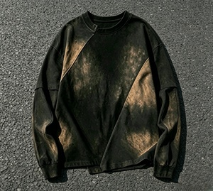 Camiseta de algodón de manga larga con efecto tie-dye para hombre, cuello redondo, estilo casual de punto, talla grande - Product Image 1