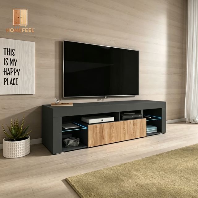 140cm Wide Single Cabinet Sound Bar Shelf Magnetic Catches Built-in Lighting for 55 Inch TV Living Room Modern TV Cabinet