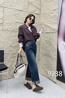 Jean droit bleu classique de haute qualité pour femme, taille haute élastique, coupe légèrement cintrée, effet vieilli, doux et confortable, grandes tailles